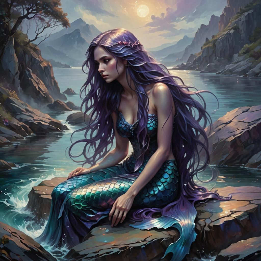 Mysterious Mermaid in Dark Fantasy Oil Painting