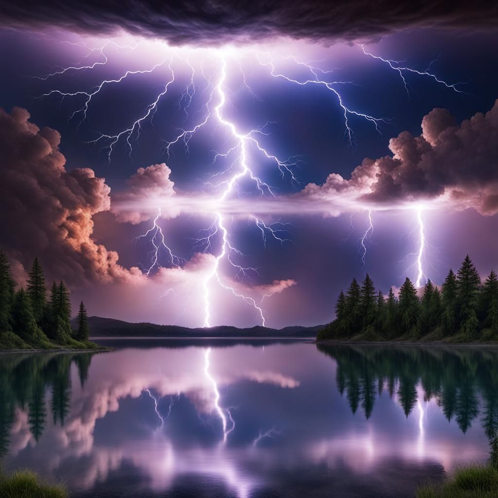 Cosmic Lightning Over Lake in Ultra Detail