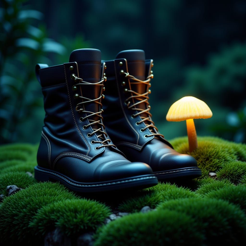 Worn Leather Boots with Glowing Mushroom on Moss