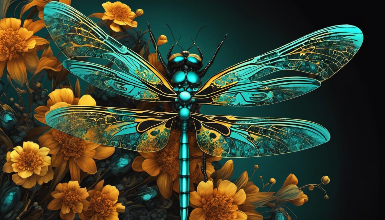 Cyberpunk Floral Dragonfly in Amber, Black and Teal