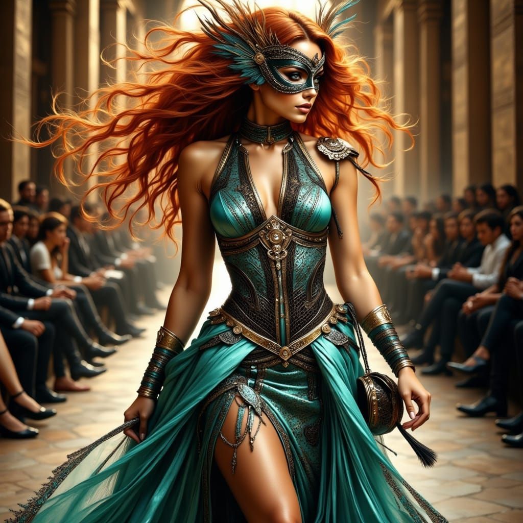 Catwalk Beauty with Ornate Mask in Art Nouveau Style