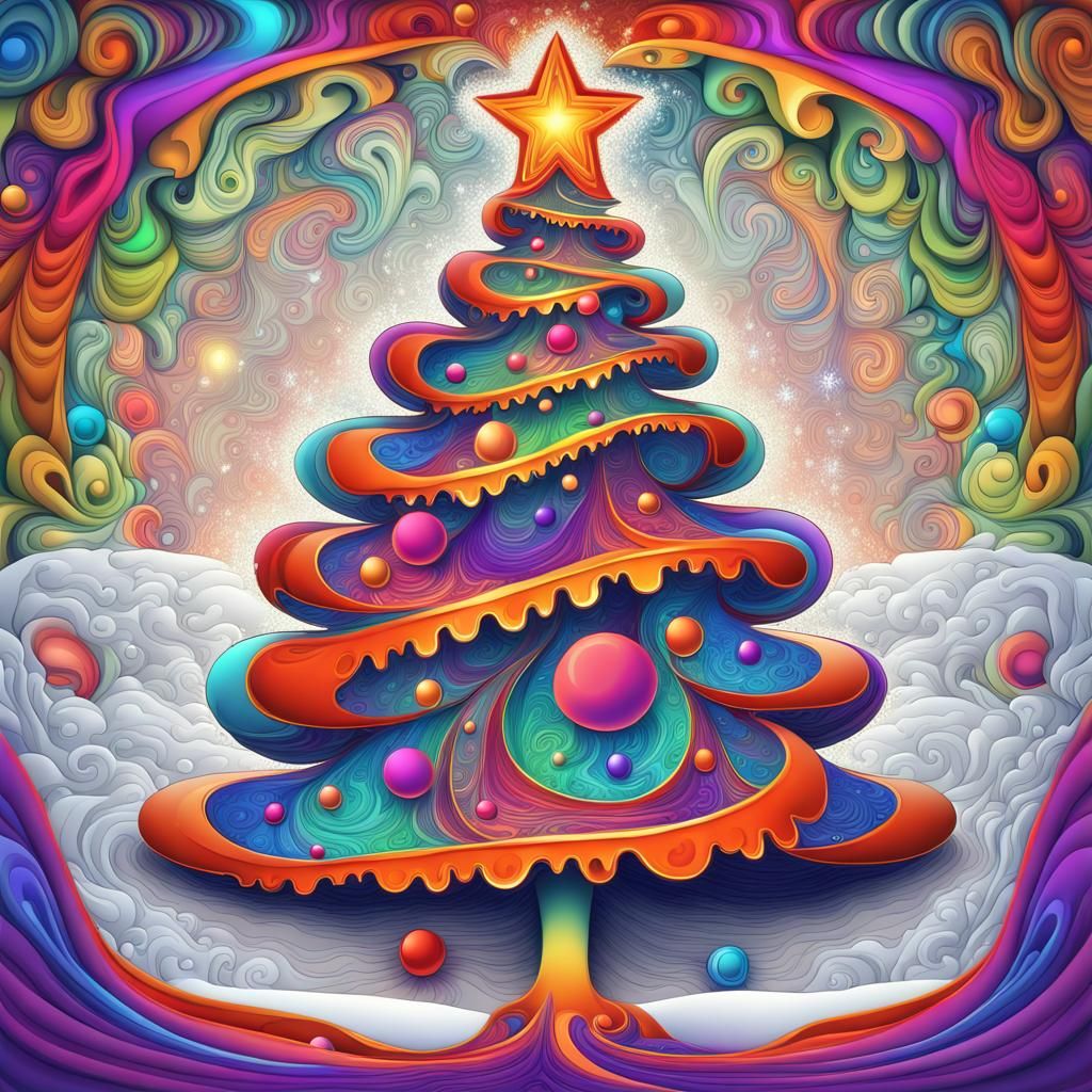 Psychedelic Christmas Tree with Gifts and Snow