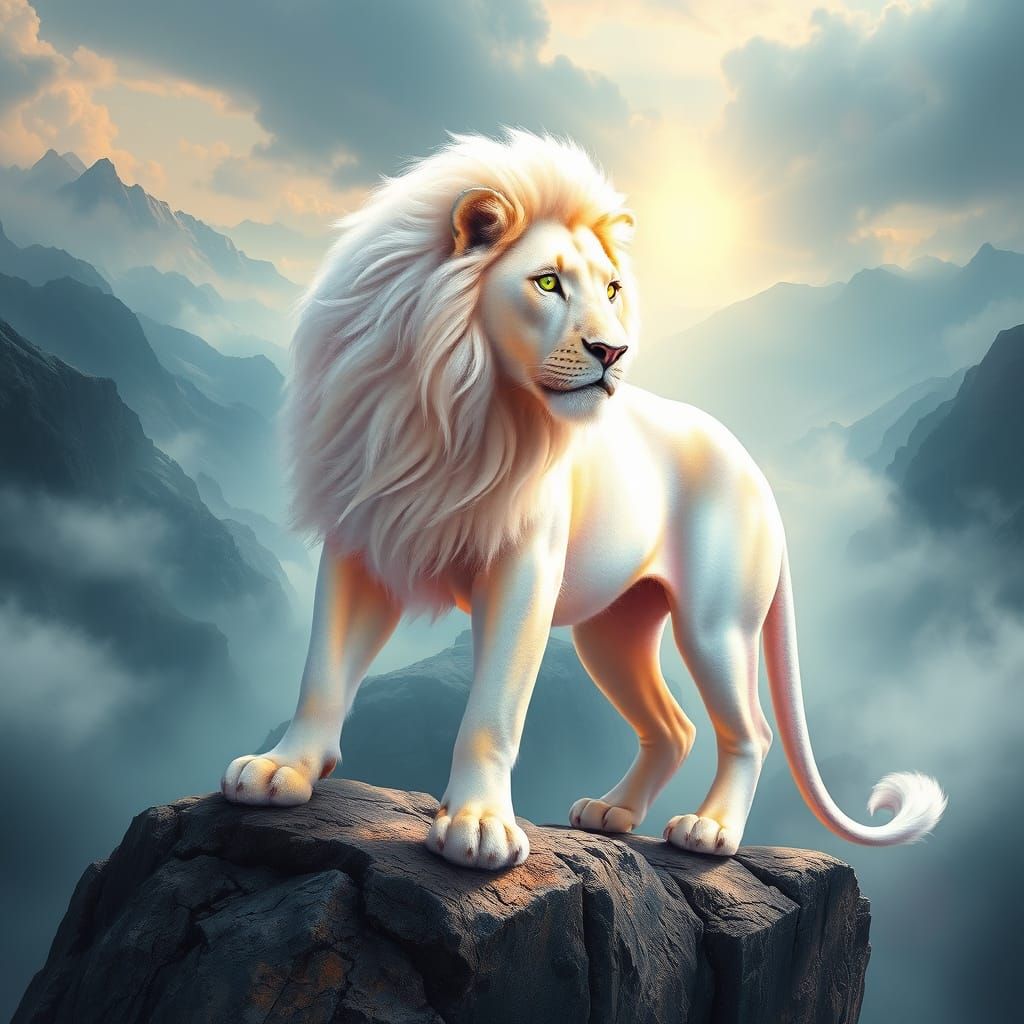Ethereal White Lion in Regal Posture, Lavender and Gold Glow