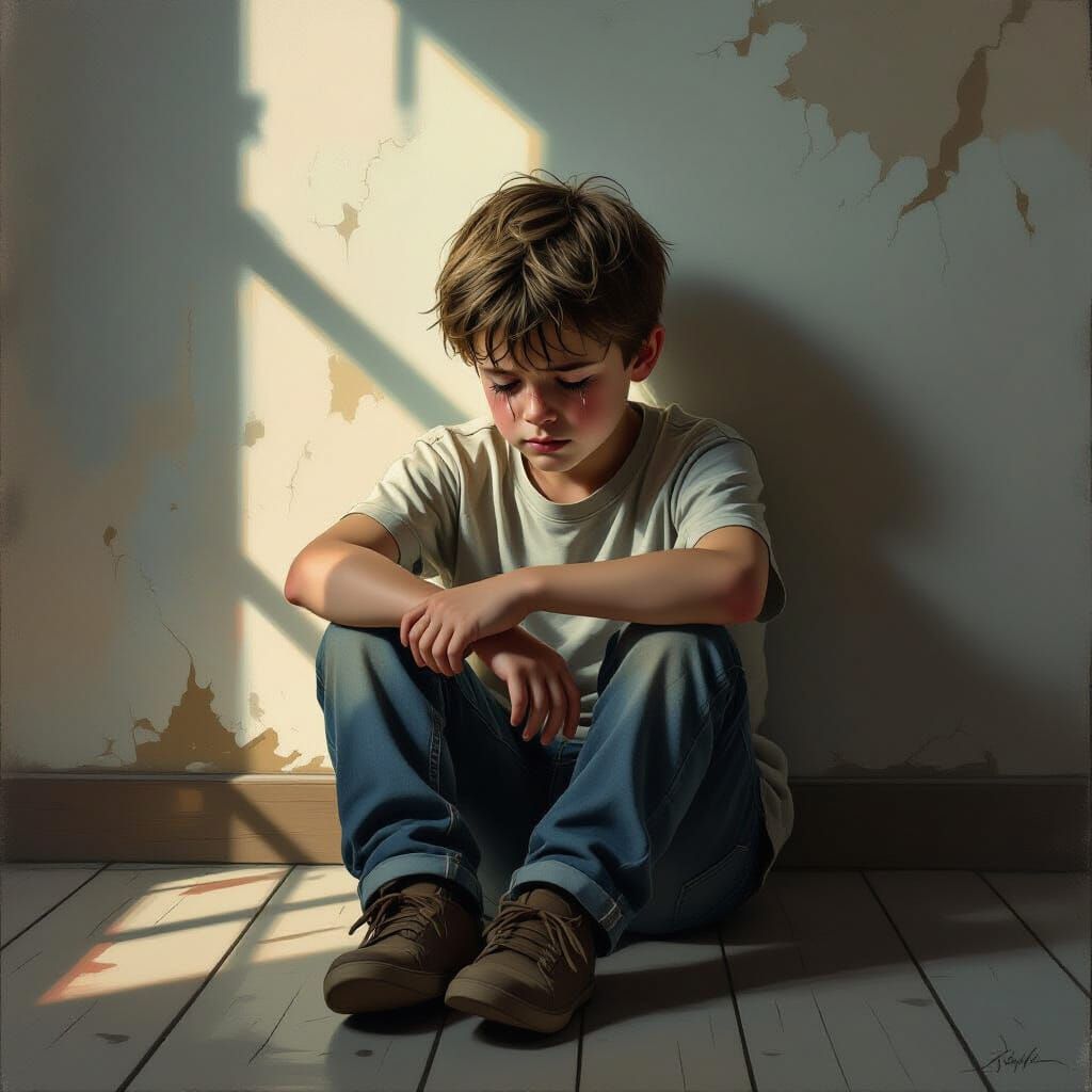 Melancholic Boy in Dimly Lit Room