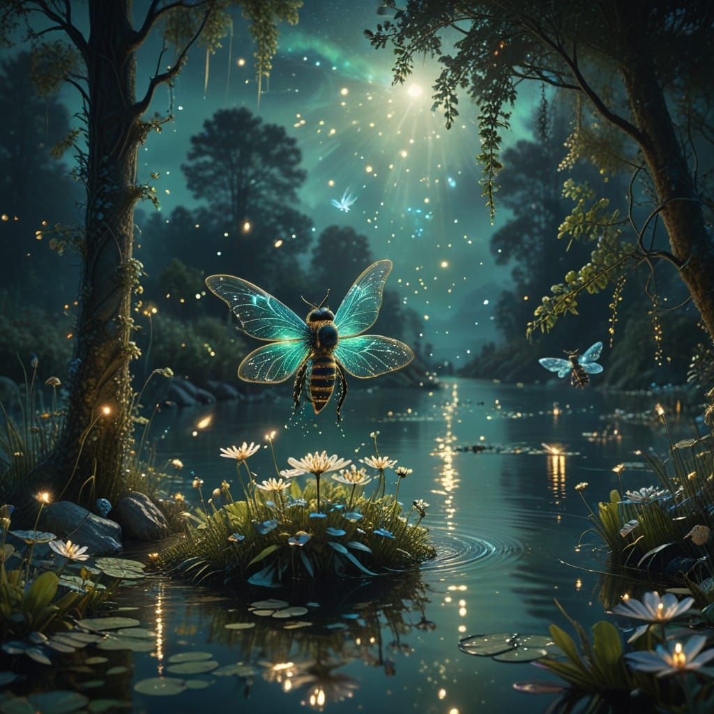 Ethereal Fairy Lake Scene with Fireflies and Bees