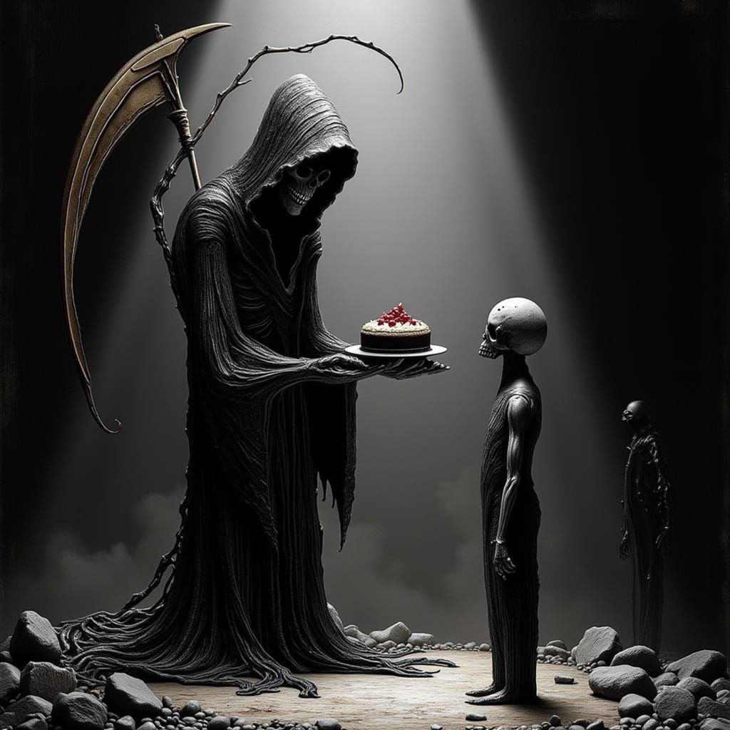 Grim Reaper Offers Cake or Death in Expressionist Style