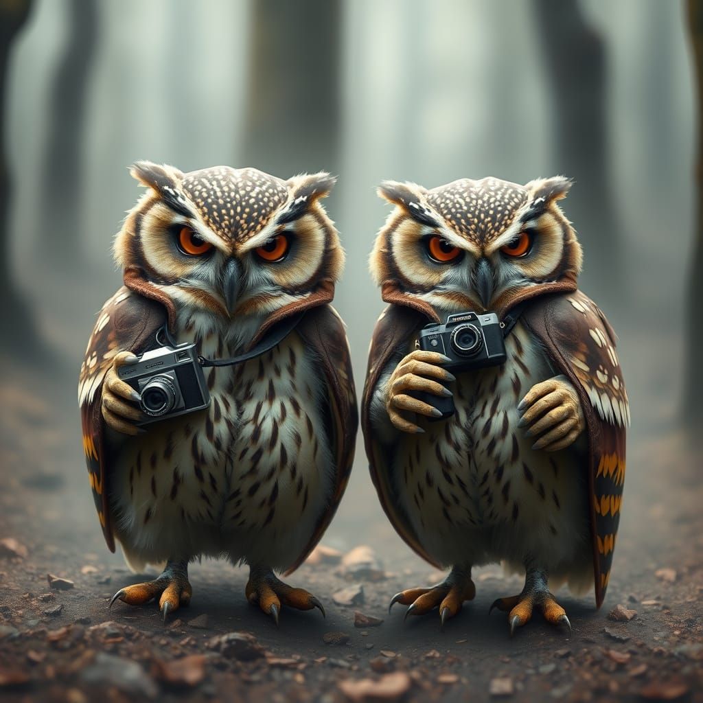 Owls with Cameras in Misty Forest, Dreamy Art