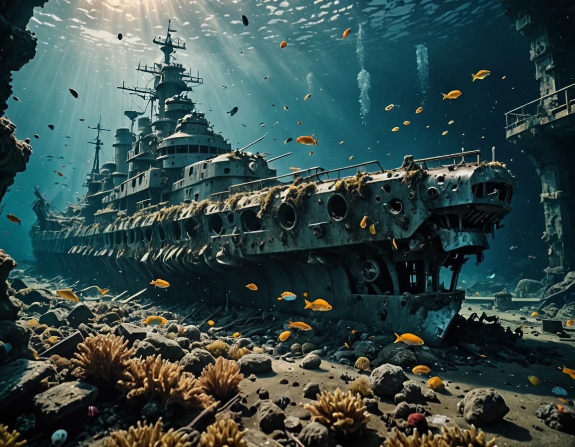 Sunken Battleship Wreckage: Underwater Cinematic Scene