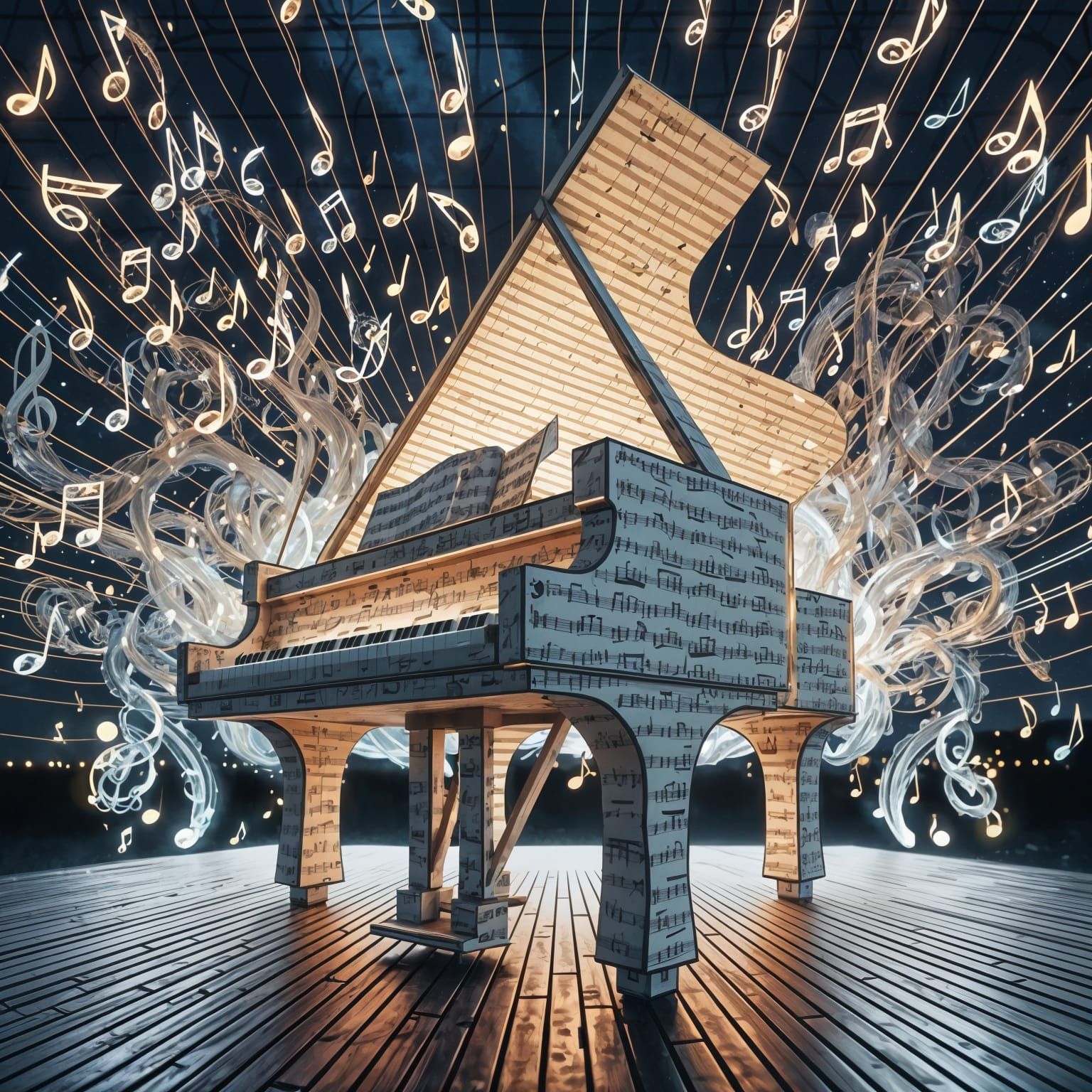 Music Note Piano on Stage with Glowing Notes
