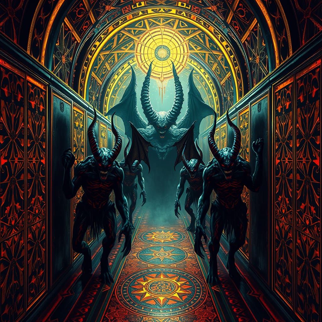 Gothic Hallway with Demons and Sacred Geometry
