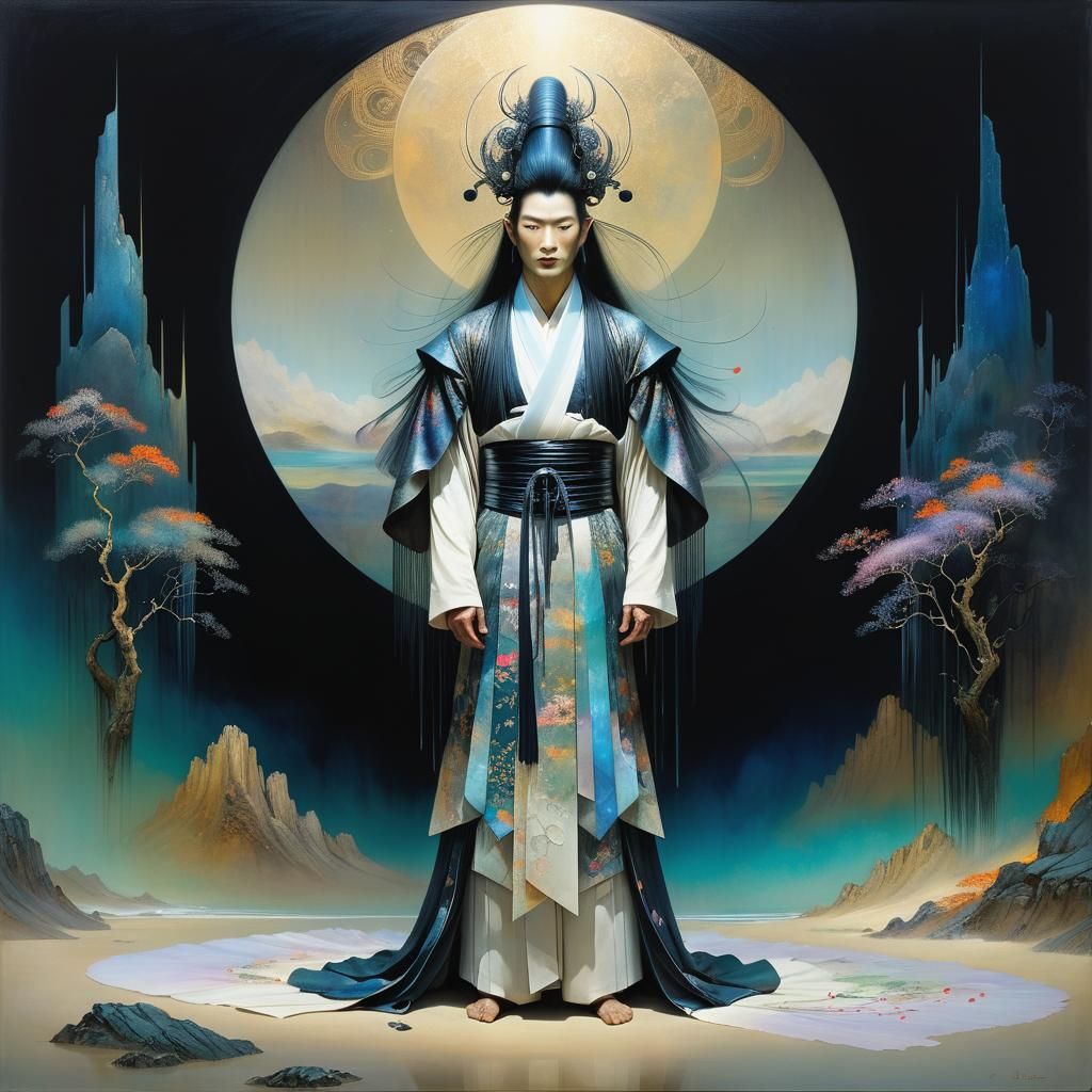 Asian Man in Kimono with Nacreous Lighting