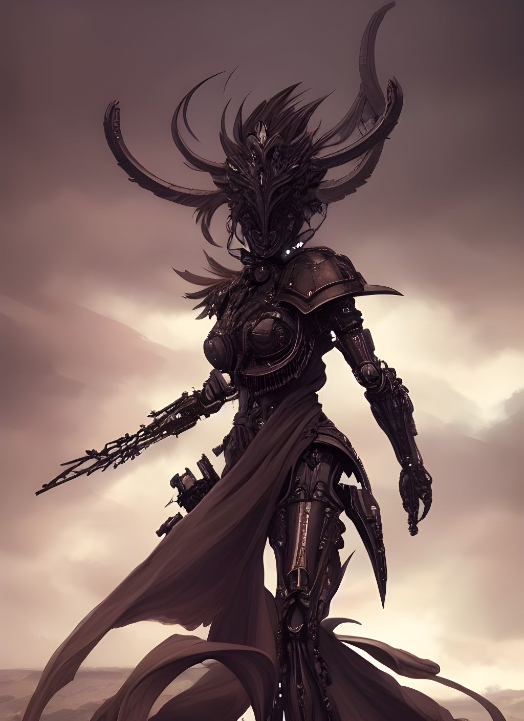 Biomechanical Warrior in Stormy Battlefield: Digital Illustr...