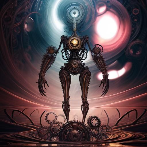 Anguished Face in Surreal Clockwork Dreamscape