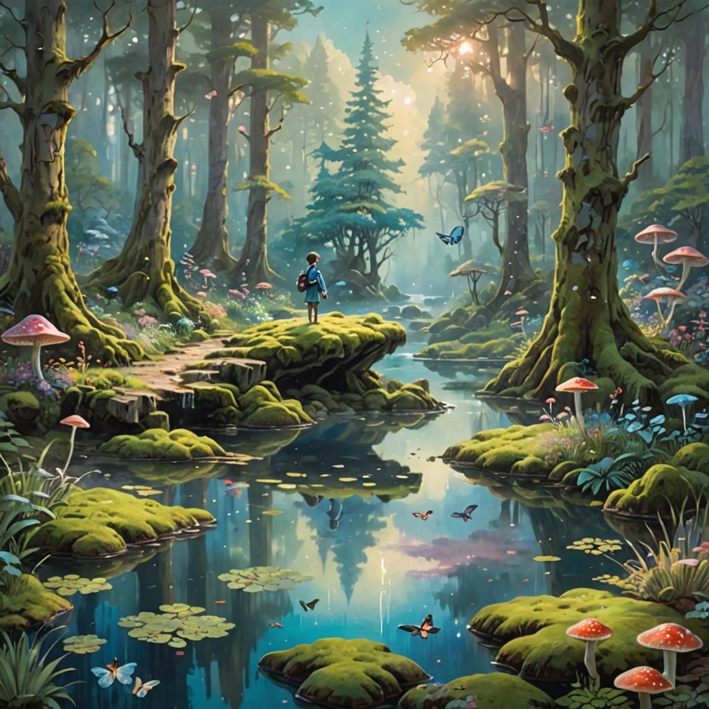 Anime Character in Glowing Mushroom Forest as Oil Painting