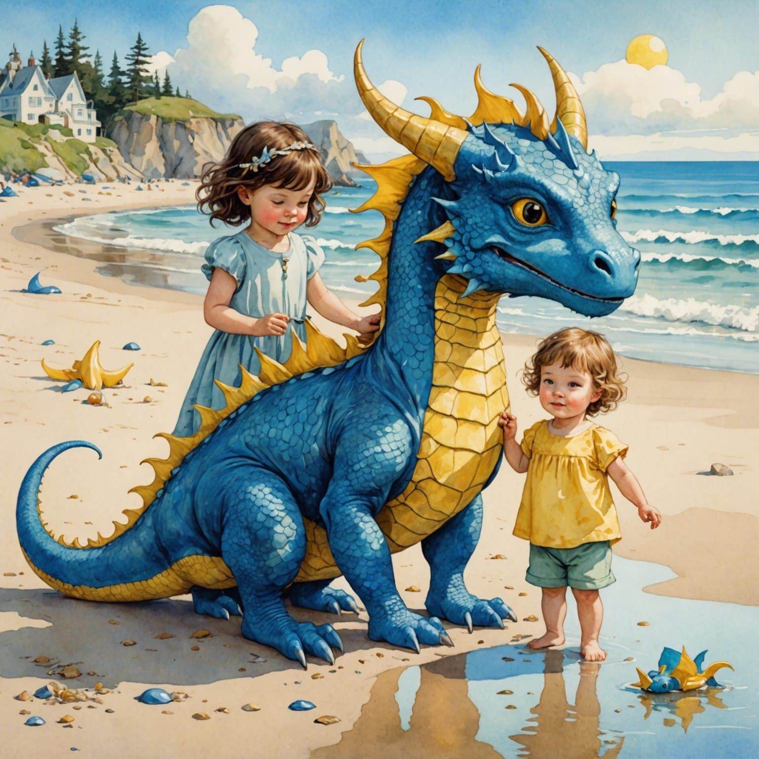 Toddler and Dragon at the Beach, Watercolor Art