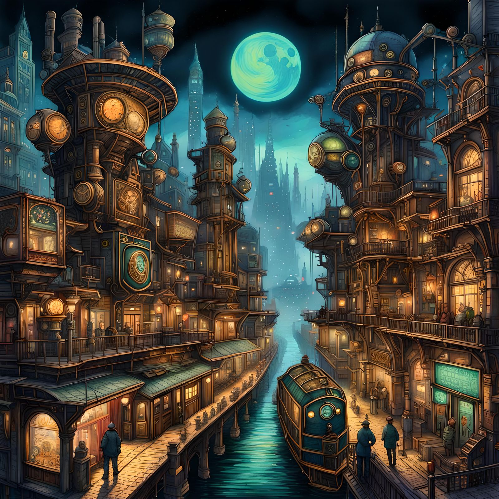Neon-lit Steampunk City with Intricate Machinery
