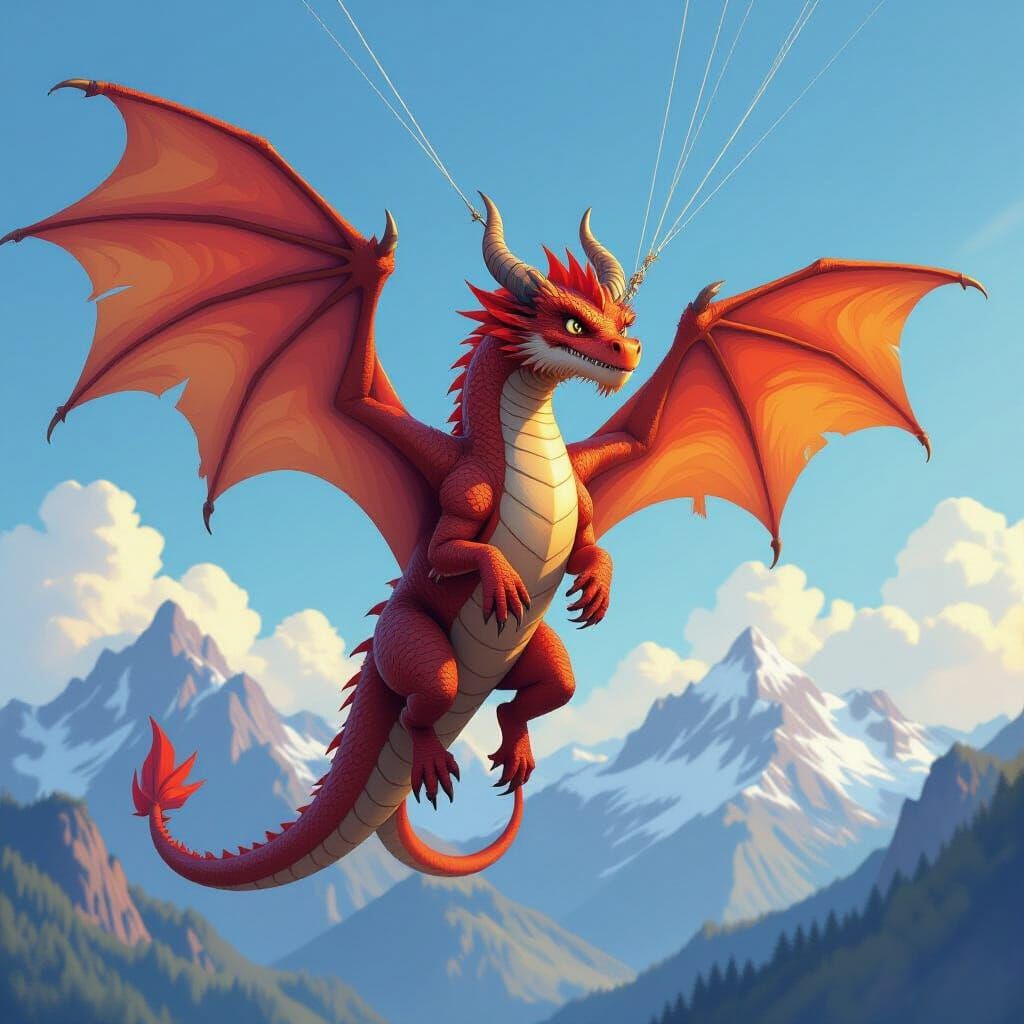 Majestic Dragon Fights Kite String in Fantasy Art Style