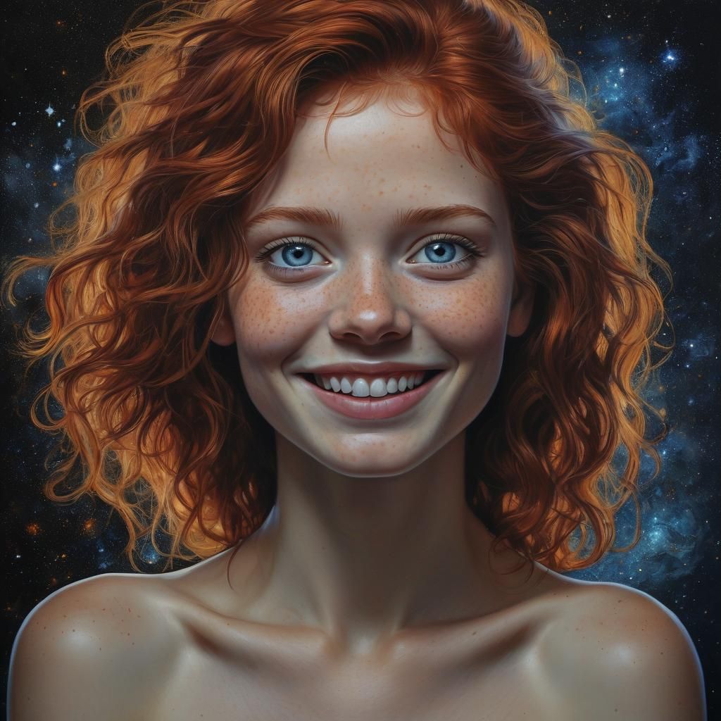 Portrait réaliste en surexposé sur fond noire d'une jolie rousse avec les yeux bleus et un sourire éclatant. Un nez retr...