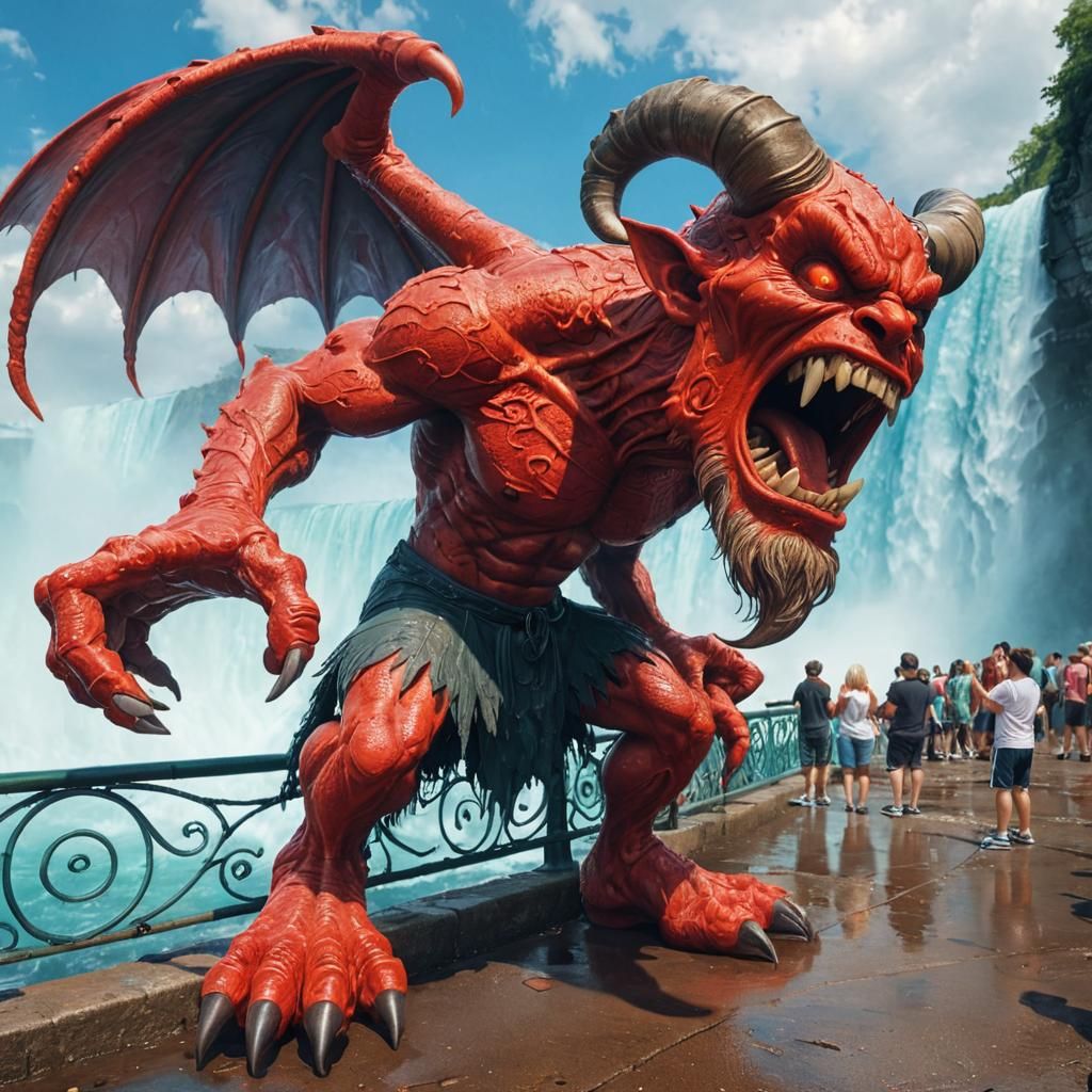 Angry Red Devil at Niagara Falls in Pop Art
