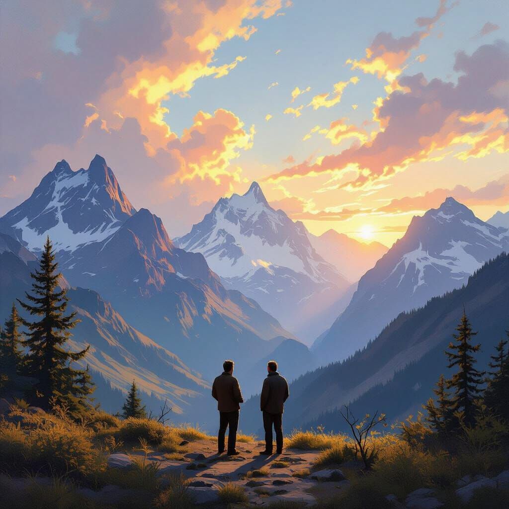 Majestic Mountain Landscape with Men in Deep Conversation