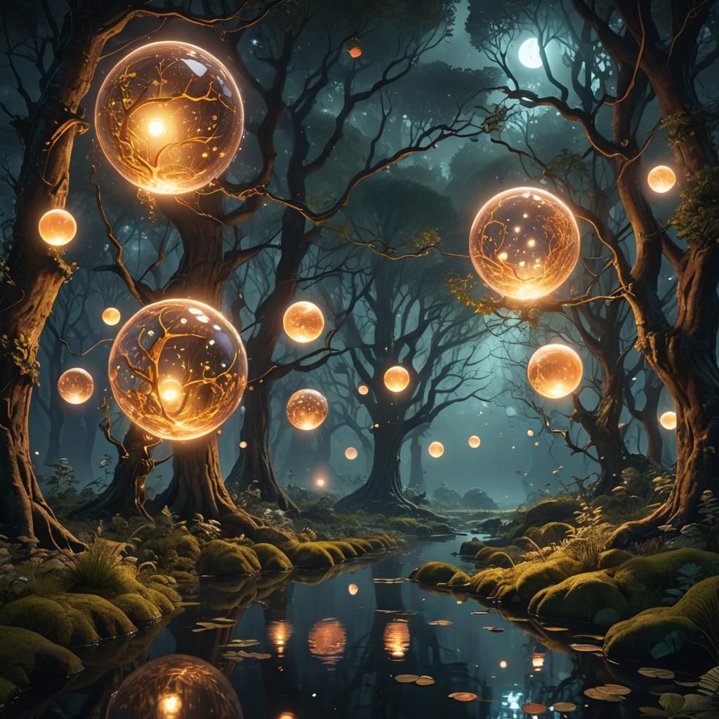 Glowing Orbs in Magical Forest: Fantasy Concept Art