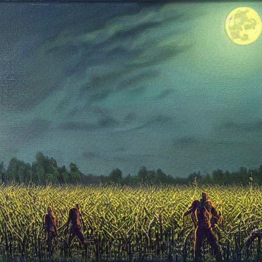 Moonlit Cornfield Zombie Outbreak: Oil Painting