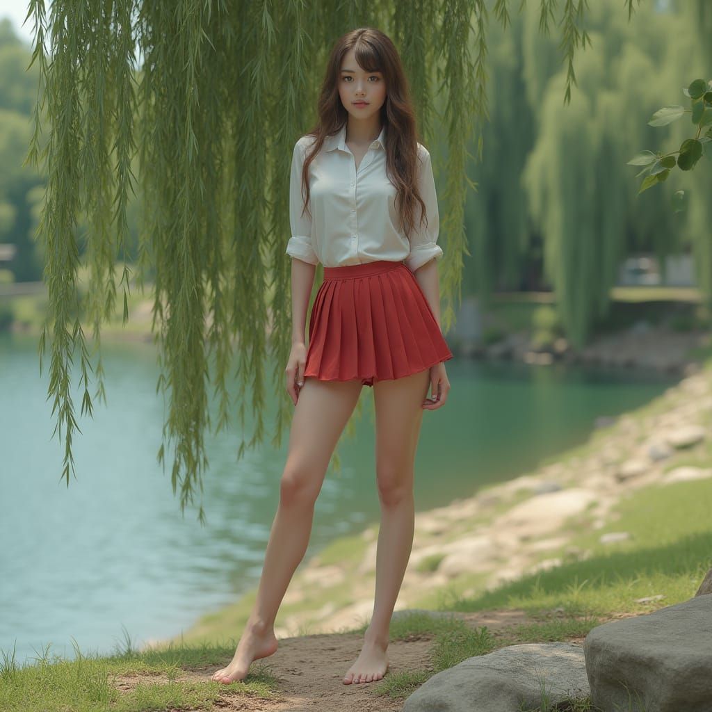 Youthful Goddess Standing Near Weeping Willow Tree
