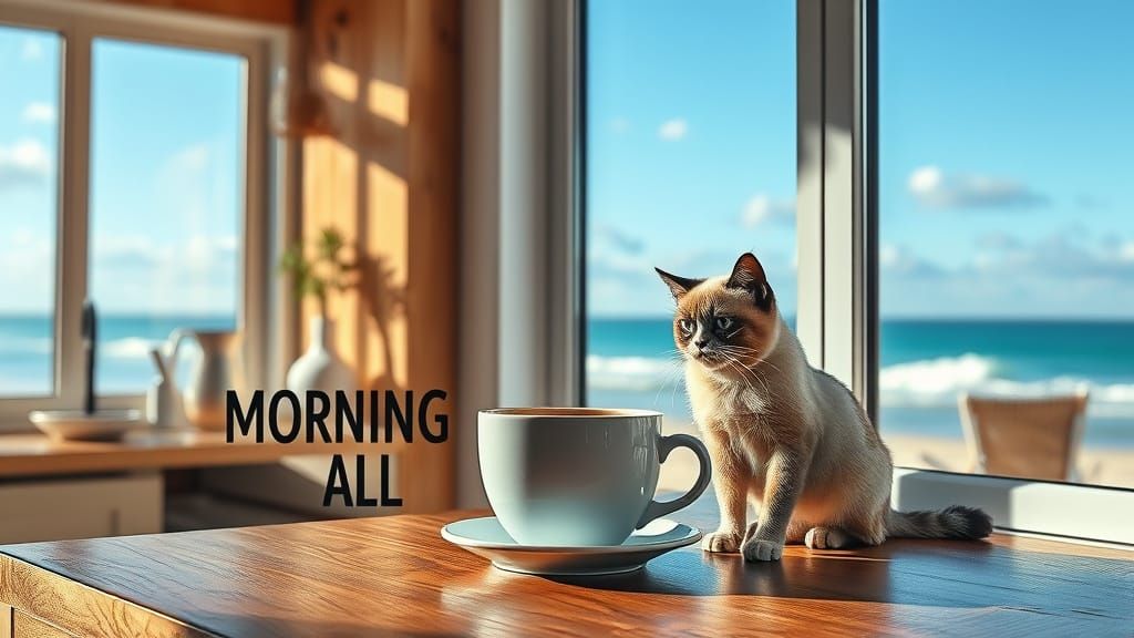 Grumpy Cat With Coffee by Beach Window