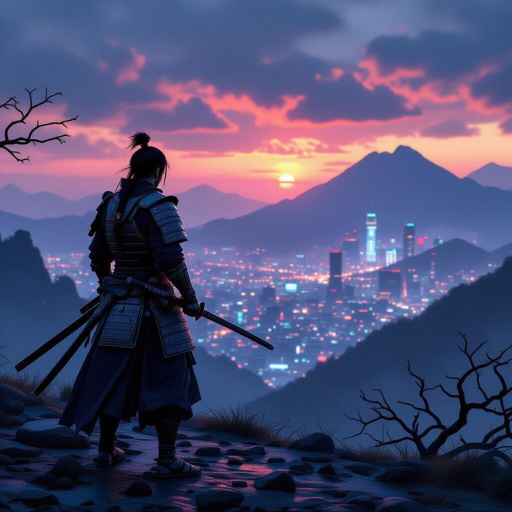 Samurai on Mountaintop with Cyberpunk City in Hyperrealistic...