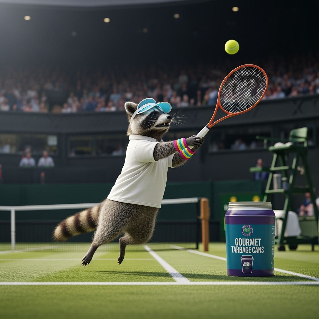 Raccoon Plays Tennis at Wimbledon in Photorealistic Style