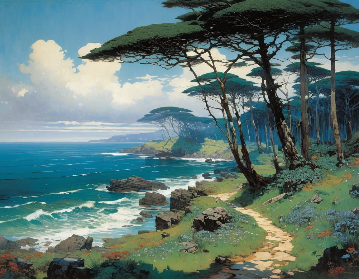 Lush Forest, Ocean and Wildlife in Pre-Raphaelite Style