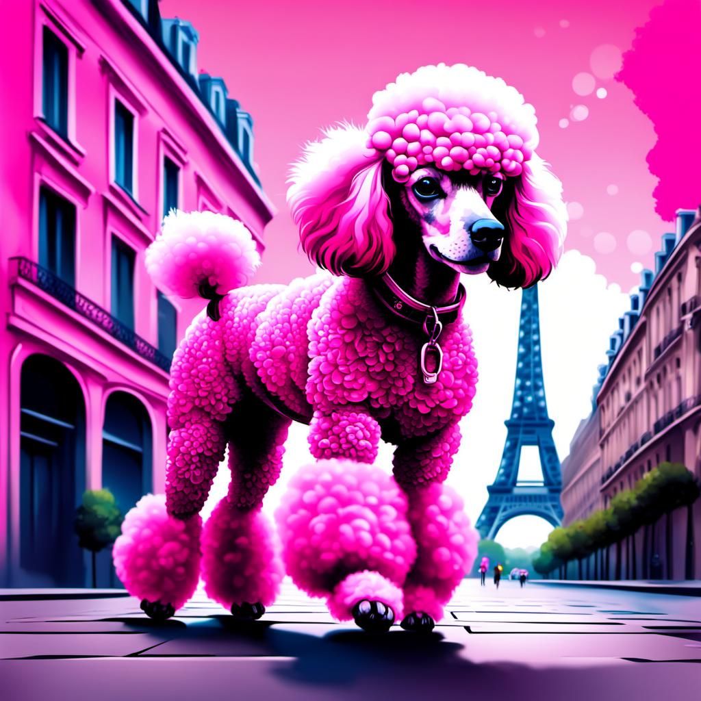 Fashionable Pink Poodle Walks in Paris: Splash Art