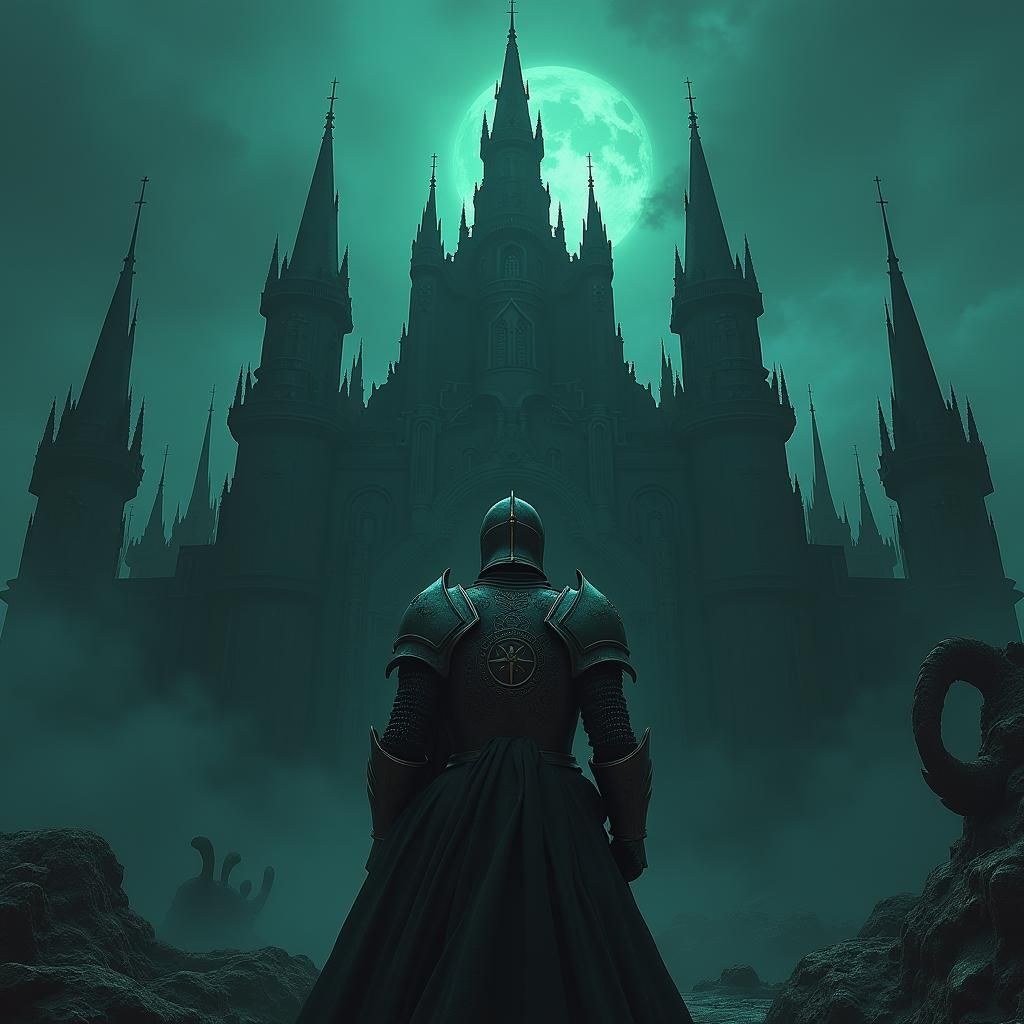 Dark Fantasy Knight and Castle in 1970s Style