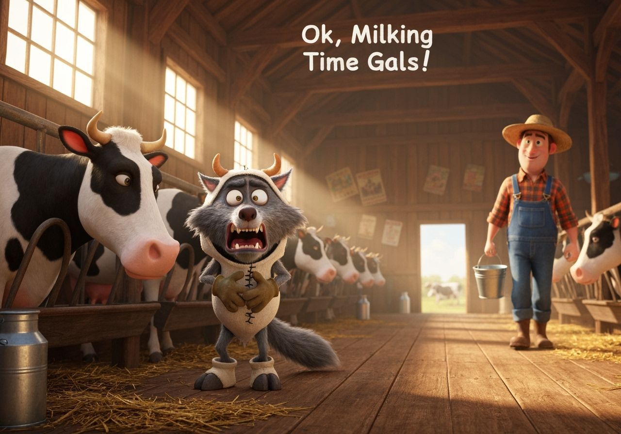Cartoon Wolf Disguised as Cow in Barn