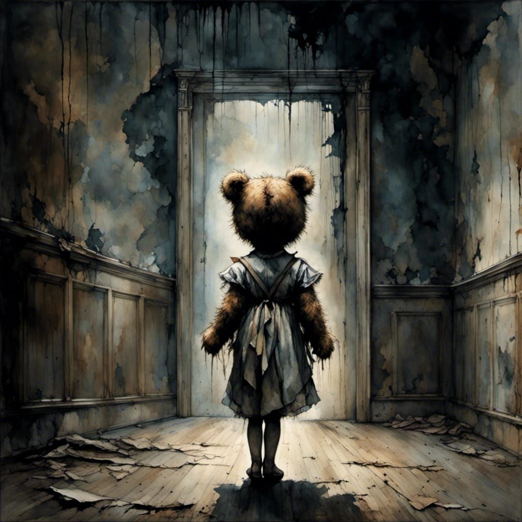 Scared Girl with Teddy Bear in Haunted Asylum