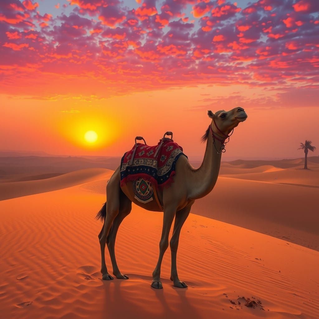 Camel in Majestic Golden Desert Landscape