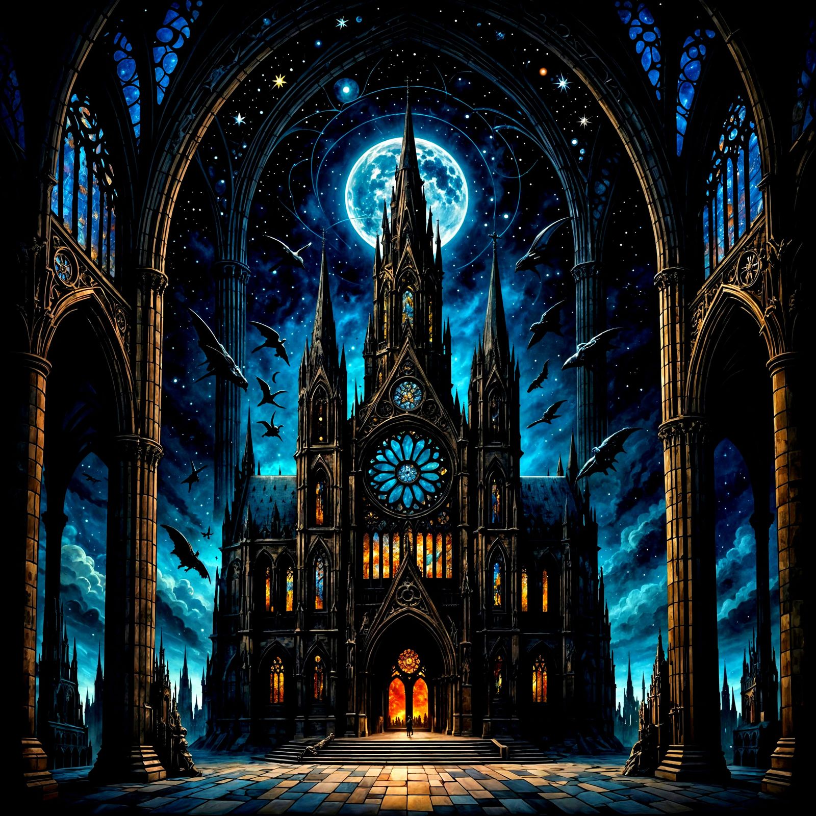 Gothic Cathedral in Space Orbiting Galaxy
