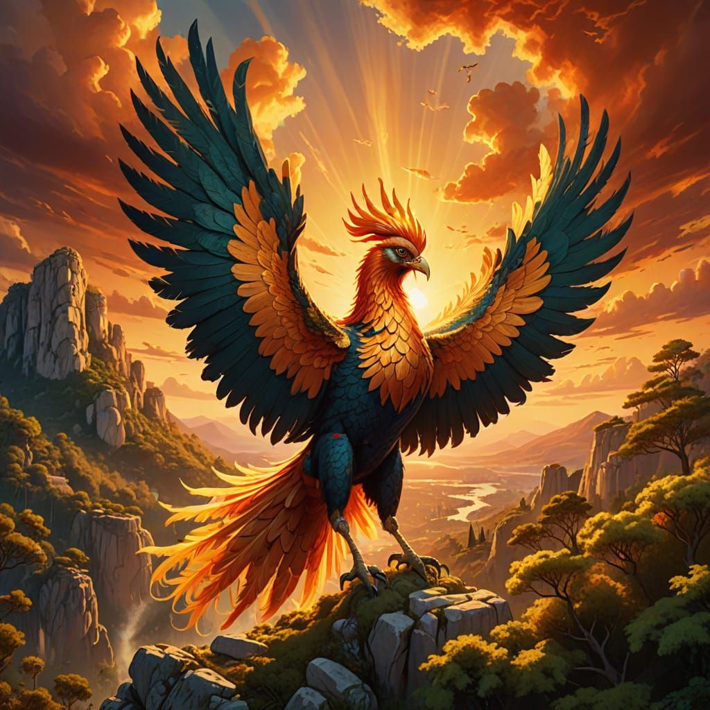 Giant Phoenix Bird in Greek Forest: Oil Painting