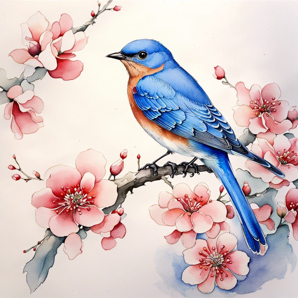 Bluebird Portrait with Red Flowers in Watercolor Style