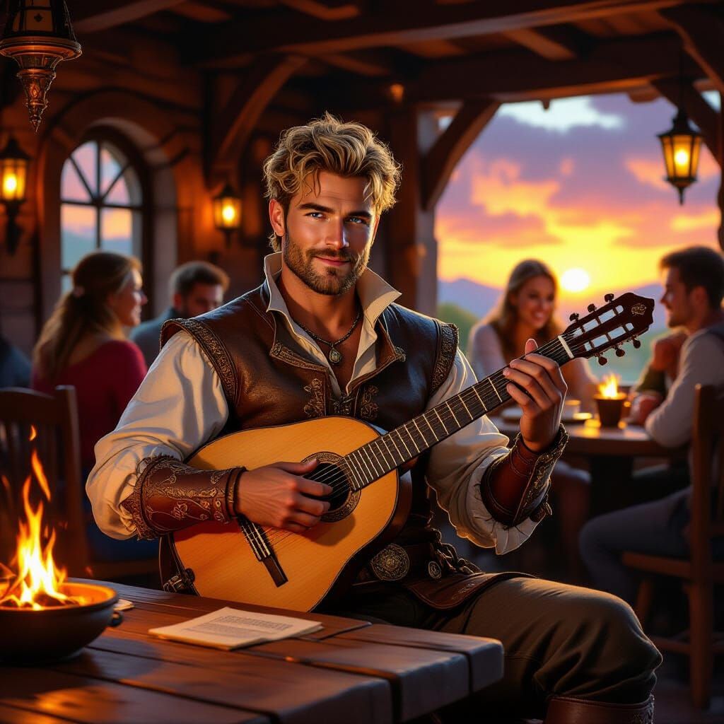 Skald Plays Lute in Tavern, Splash Art Style