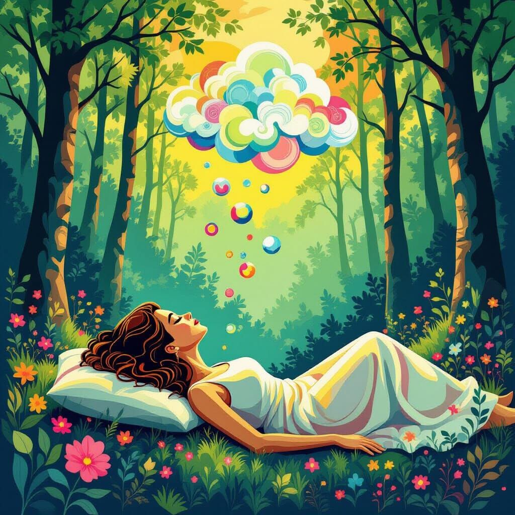 Surreal Forest Meditation with Cloud Bubbles in Bauhaus Styl...