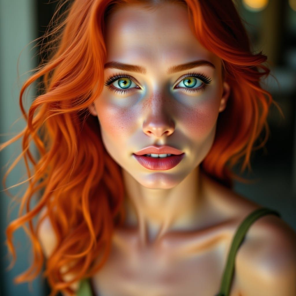 Joyful Redhead Crying with Green Eyes in Rose Petals