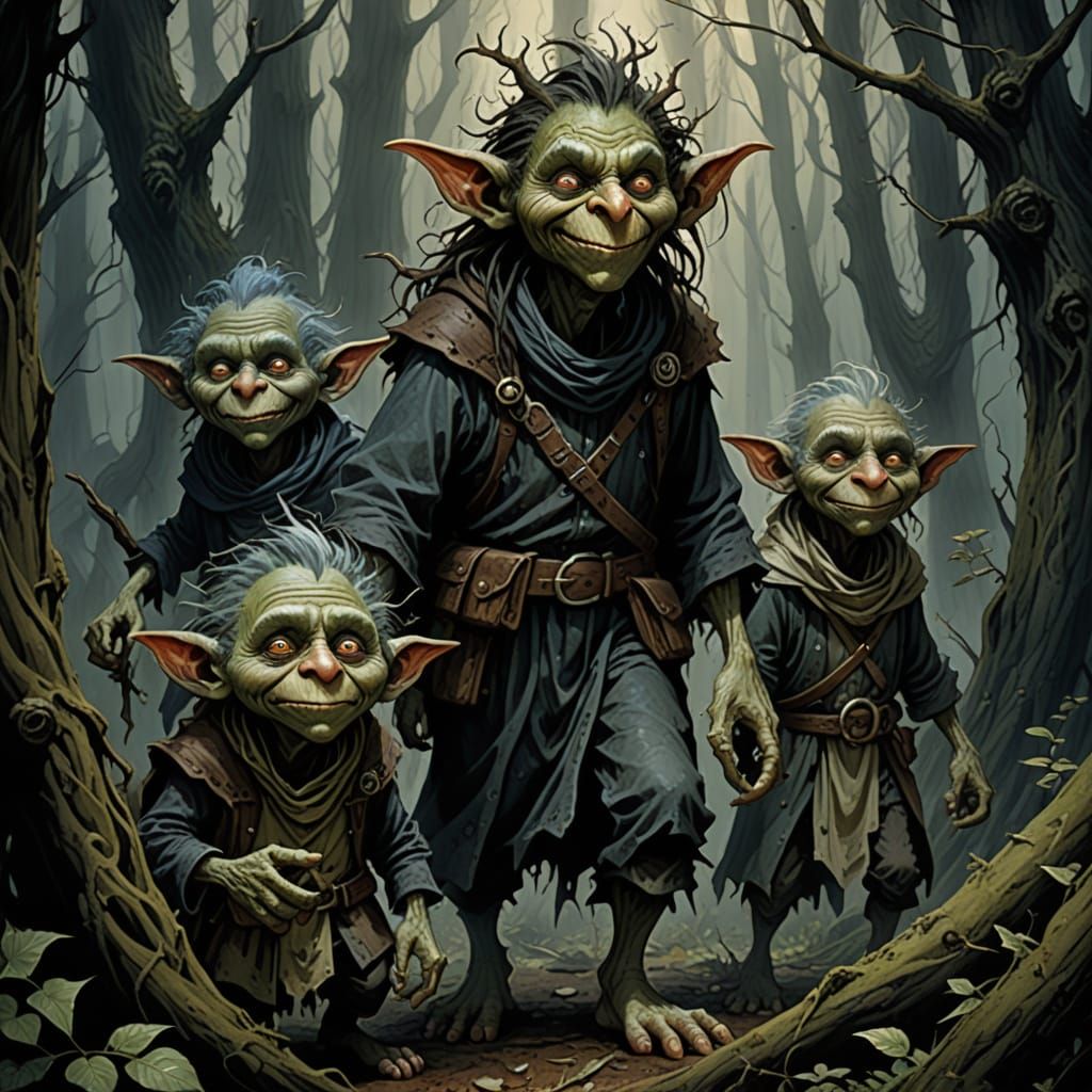 Mischievous Trolls Pranking Travelers in Dark Forest