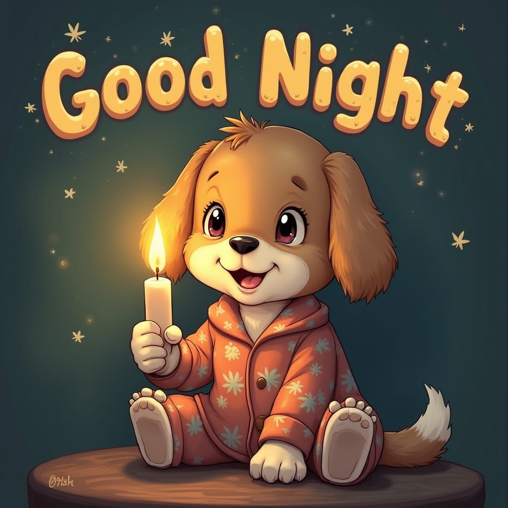 Puppy in Pajamas Wishes Good Night: Dreamy Whimsical Art