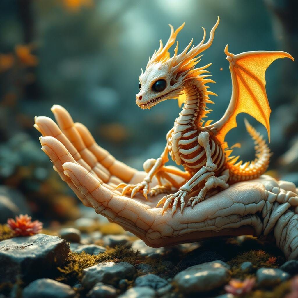 Miniature Skeleton Dragon in Bony Hand: Matte Painting