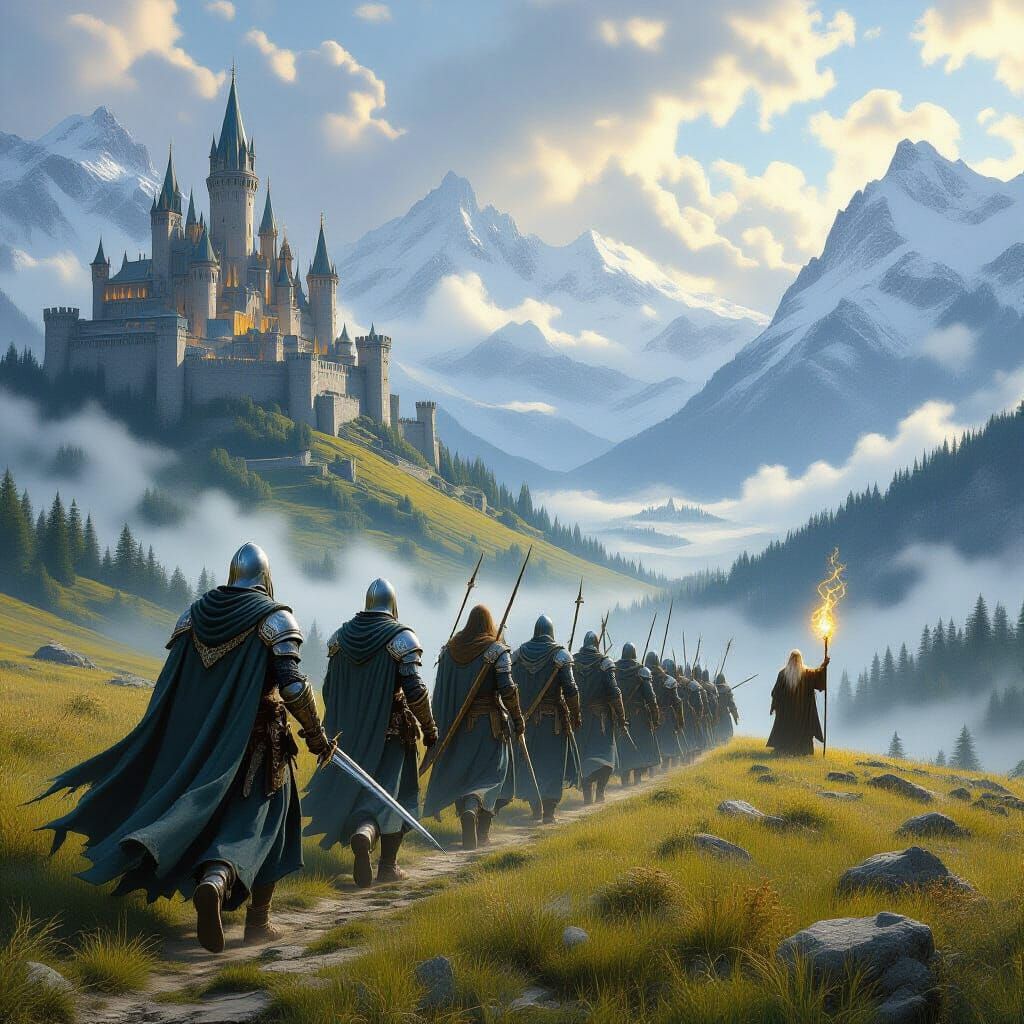 Epic Fantasy Fellowship Across Middle-earth Landscape