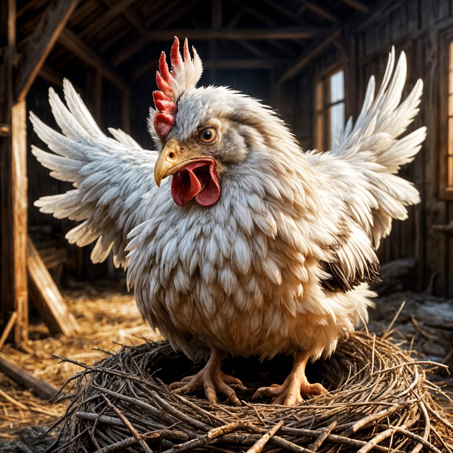 Funny Grumpy Chicken Blocking Nest in Barn