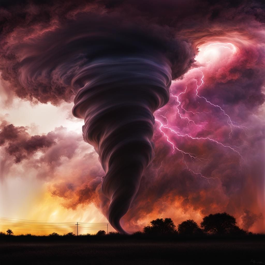 Hyperrealistic Dark Sunset Tornado in Watercolor Art