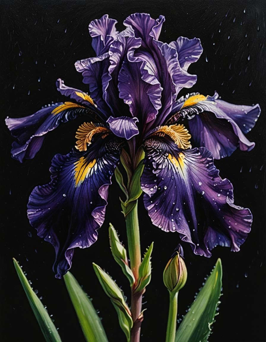 Macro Oil Pastel Painting of a Dark Iris