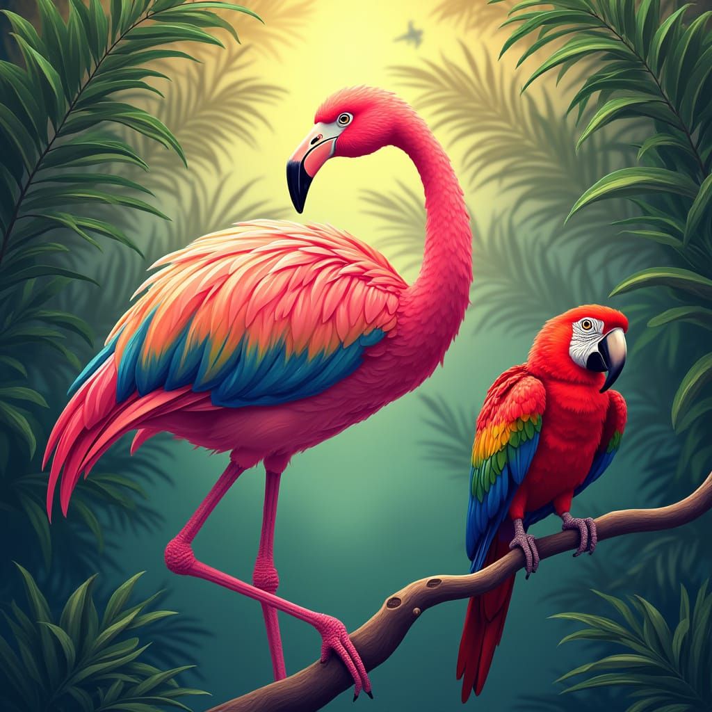 Rainbow Flamingo and Parrot in Tropical Sunlight